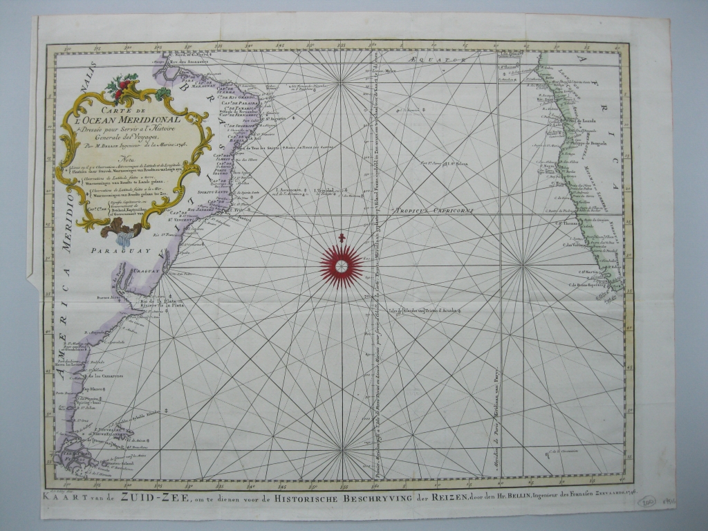 Carta naútica a color del océano Atlántico en América del Sur, 1748. Bellin